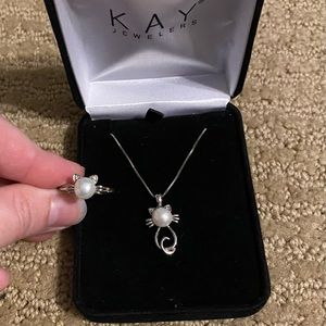 Kay Jewelers Sterling Silver and Pearl Kitty Necklace and Ring Set.